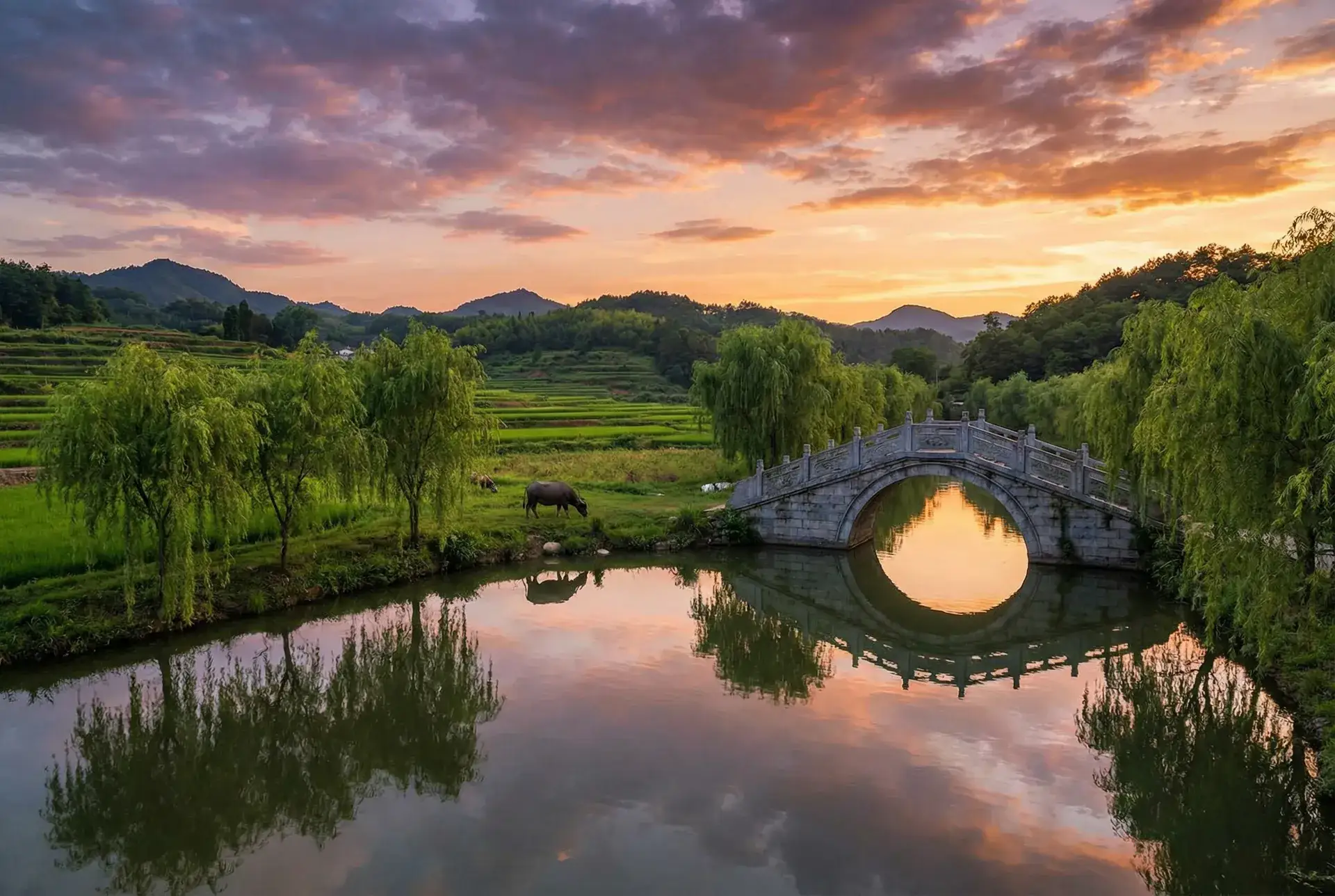 夕阳下的石拱桥与垂柳，水牛在河边吃草 - 小小守卫者 乡村美景